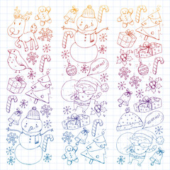 Christmas winter party. Happy new year. Bullfinch, Santa Claus, snowman, deer. Presents and candy.