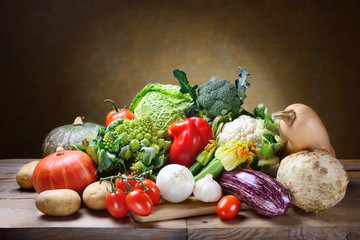 Fresh vegetables on rustic background, space for text