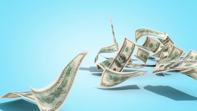 dollar hundred bills banknotes blows away from the pile 3d render on blue