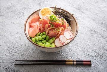 ahi poke bowl with edamame
