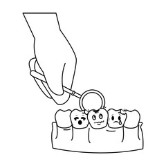 comic teeth with dentist hand using mirror