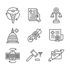 Health Laws and Legal icon set depicting various aspects of the legal system
