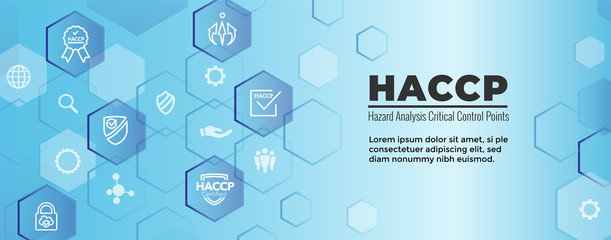 Fototapeta na wymiar HACCP - Hazard Analysis Critical Control Points icon set and web header banner with award or checkmark