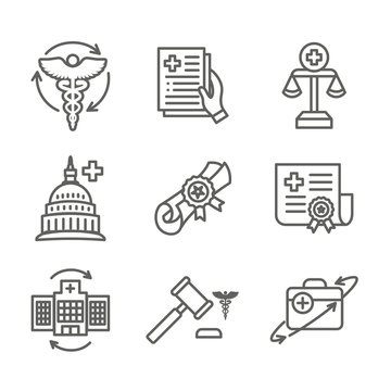 Health Laws and Legal icon set depicting various aspects of the legal system