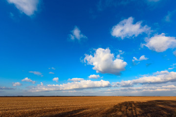 Fototapeta na wymiar White clouds are crossing blue sky over plain landscape