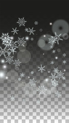Christmas  Vector Background with White Falling Snowflakes Isolated on Transparent Background. Realistic Snow Sparkle Pattern. Snowfall Overlay Print. Winter Sky. Design for Party Invitation.