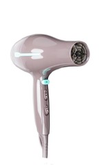 Brown hair dryer with green elements isolated on the white background