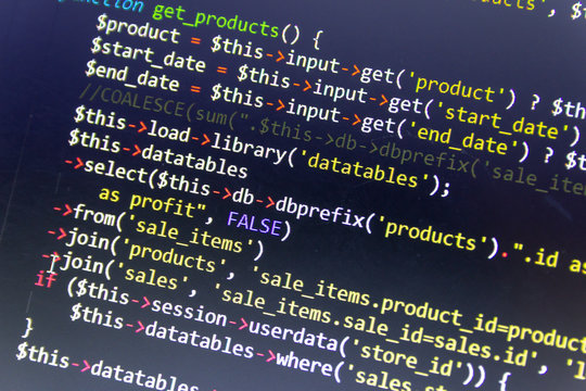 Modern web development background. Abstract pieces of PHP code of sale system.