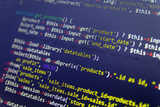Modern web development background. Abstract pieces of PHP code of sale system.