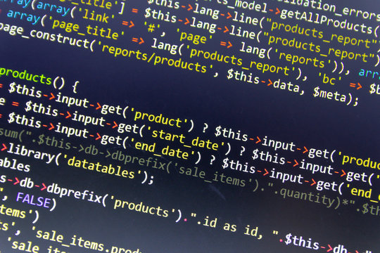 Modern web development background. Abstract pieces of PHP code of sale system.