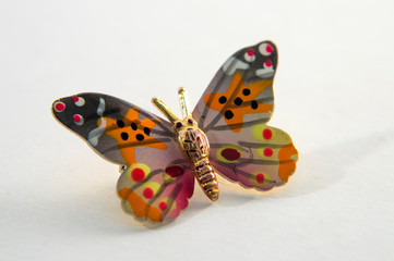 Fototapeta na wymiar Una mariposa metálica de colores, aislada sobre fondo blanco.