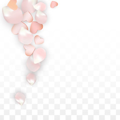 Vector Realistic Petals and Hearts Confetti. Flying Sakura and Hearts on Transparent Background. Wedding Invitation Background. Spring Romance Poster. Vector Illustration for Anniversary Design.