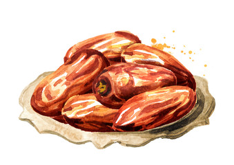 Dried Date fruits on the plate. Watercolor hand drawn illustration, isolated on white background