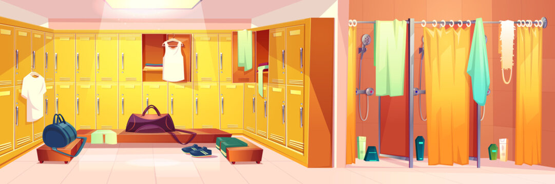 Vector gym interior - changing room with lockers and shower cabins with curtains. Sport club concept - dressing after training and washing. Cartoon shelves with clothes, towels.