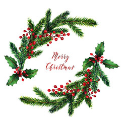 Merry Christmas,wreath, fir branches, red berries,card for you, handmade,watercolor illustrations