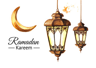 Ramadan Kareem greeting card with lanterns and Crescent. Watercolor hand drawn illustration, isolated on white background