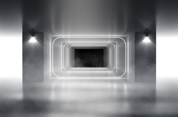 In the background - an empty tunnel, the room is lit by neon light. Background of empty space. Concrete coating, laser square figure in the center of the room. 3d illustration