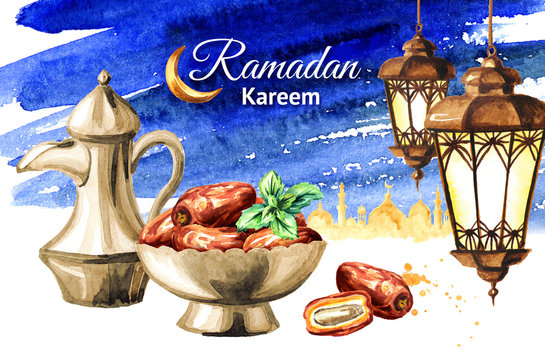 Ramadan Kareem greeting card. Watercolor hand drawn illustration