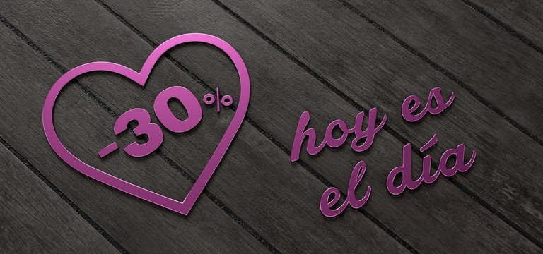 D&iacute;a de San Valent&iacute;n, descuento del 30% con eslogan "Hoy es el d&iacute;a". Motivos rosas metalizados sobre fondo madera.