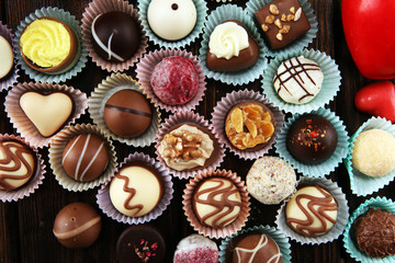 a lot of variety chocolate pralines, belgian confectionery gourmet chocolate