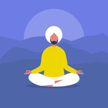 Meditation. Outdoor yoga. Harmony and relaxation. Calm indian character sitting in a lotus pose. Flat editable vector illustration, clip art. Modern healthy lifestyle