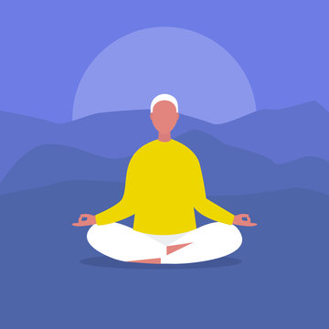 Meditation. Outdoor yoga. Harmony and relaxation. Calm male character sitting in a lotus pose. Flat editable vector illustration, clip art. Modern healthy lifestyle