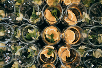 Many glasses for drinks on the wedding table