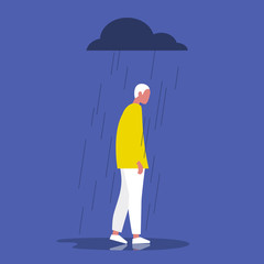 Sad male character standing under the rain. Overcast weather. Emotions. Solitude concept. Flat editable vector illustration, clip art