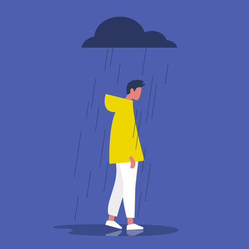 recommend clip art: Sad male character standing under the rain. Overcast weather. Emotions. Solitude concept. Flat editable vector illustration, clip art