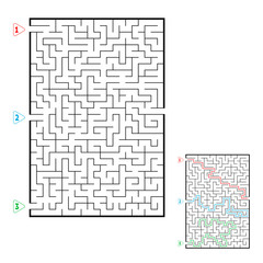Abstract rectangular large maze. Game for kids. Puzzle for children. Three entrances, one exit. Labyrinth conundrum. Flat vector illustration isolated on white background. With answer.
