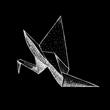 The origami crane isolated from the background. East art of origami. Paper bird. Hand drawn, ink, graphics, vintage illustration.