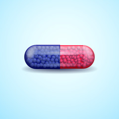 Red and blue full medical pill capsule with molecules