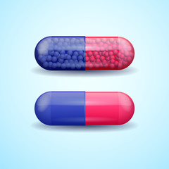 Red and blue full medical pill capsule with molecules