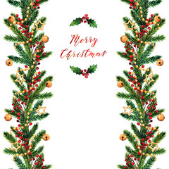 Fototapeta na wymiar Christmas watercolor illustration,fir branches,christmas red berries,bells,gold stars,card for you,handmade