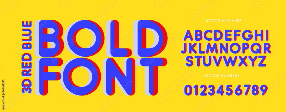 Poster stereo 3d letters and numbers set. red and blue colors font. alphabet for 3d glasses. 3d movie effec