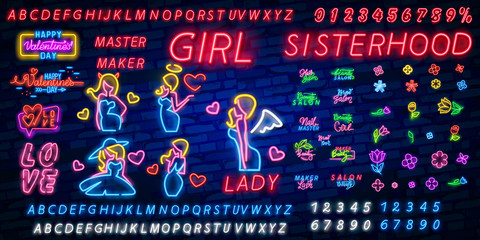 Valentine's day. 3d neon sign. Neon word GIRL LADY SISTERHOOD. Realistic neon sign. Love day banner, logo, emblem and label. Bright signboard, light banner.