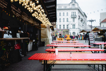 red tables outdoor cafe 