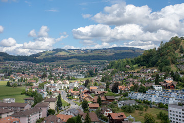 Europena Town View in Summer with Blue Sky and Clouds