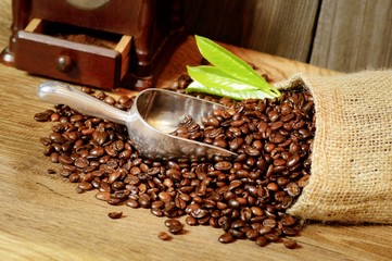 Jutesäckchen mit verschütteten Kaffeebohnen und einer alten Kaffeemühle im Hintergrund