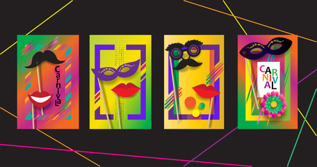 Rio Carnival festive posters set. Musicians, confetti fireworks, mask, masquerade. Festival abstract colorful geometric banner. Brazilian, Venetian, Mardi Gras, Samba wallpaper vector