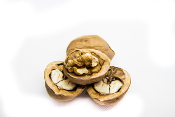 a few walnut in shell and peeled on white background