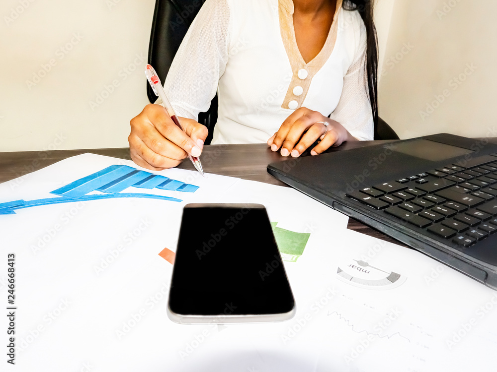 Wall mural Young indian student adult business woman at office with laptop and mobile