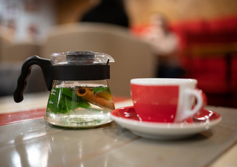 Tea service on a cafe background