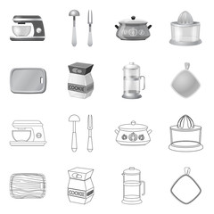 Vector illustration of kitchen and cook sign. Set of kitchen and appliance stock vector illustration.