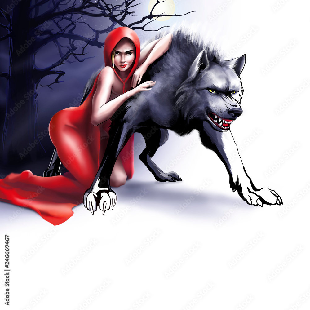 Wall mural girl in a red hood hugs a wolf on a white background, art, illustration, graphic picture