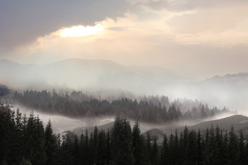 Picturesque view of mountain village at sunrise