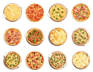 Fototapeta na wymiar Set of different hot pizzas with delicious melted cheese on white background, top view