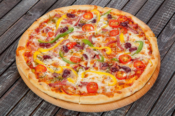  appetizing, fresh pizza on the table, for a design decoration in cooking