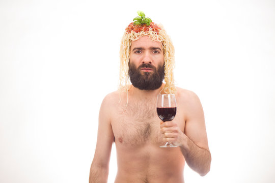 Bearded, Funny, Young Man With Spaghetti On His Head, Drinking Wine, White Background, Body, Glass