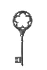 Steel vintage ornate key on white background